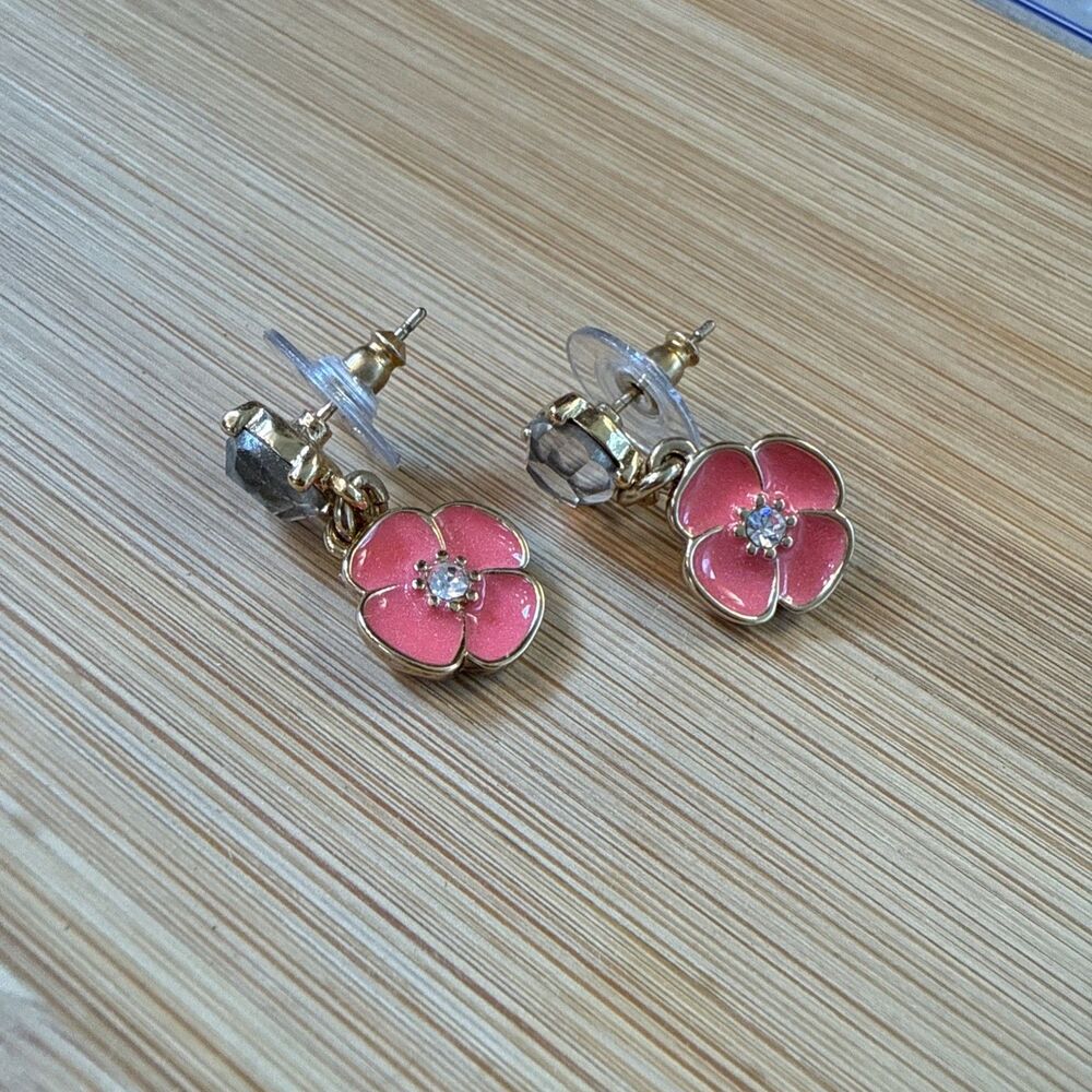 CORAL COLORED FLORAL ENAMEL DROP EARRINGS WITH CRYSTAL UNBRANDED